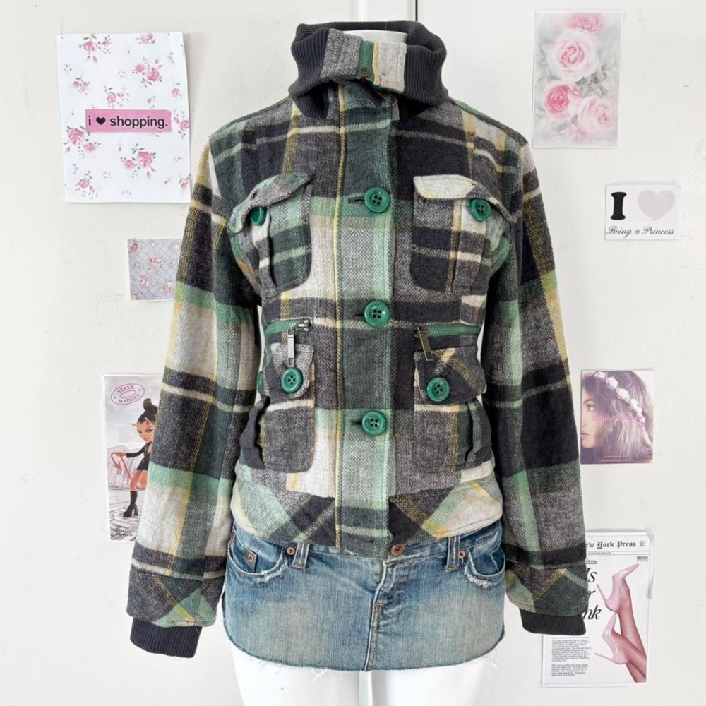 Dollhouse Vintage Green Plaid Military Utility Jacket